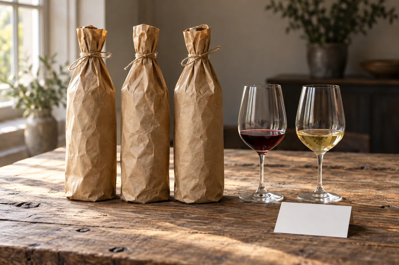 Drei in Packpapier verhüllte Weinflaschen neben einem Glas Rot- und einem Glas Weißwein