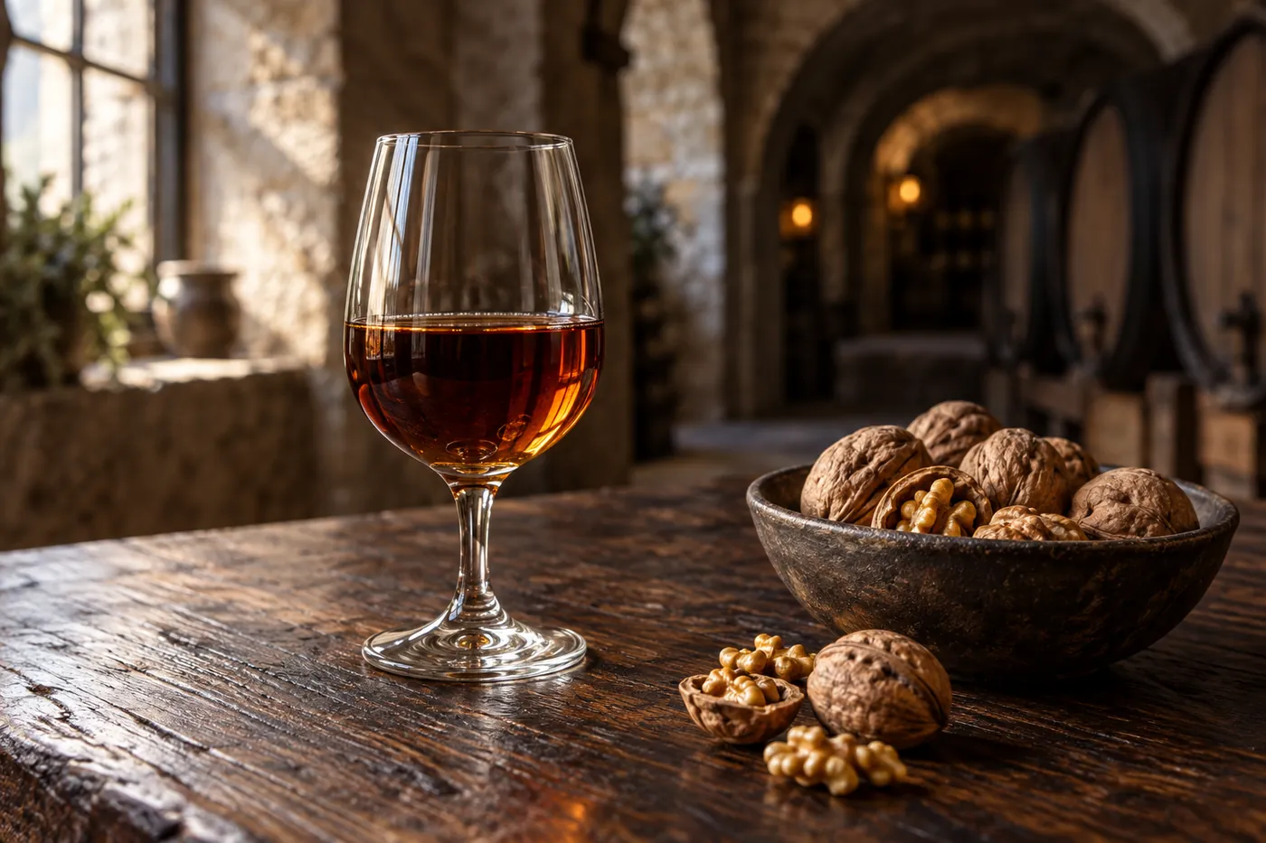 Ein Glas Portwein und eine Schale Walnüsse auf dunklem Eichentisch im Gewölbekeller