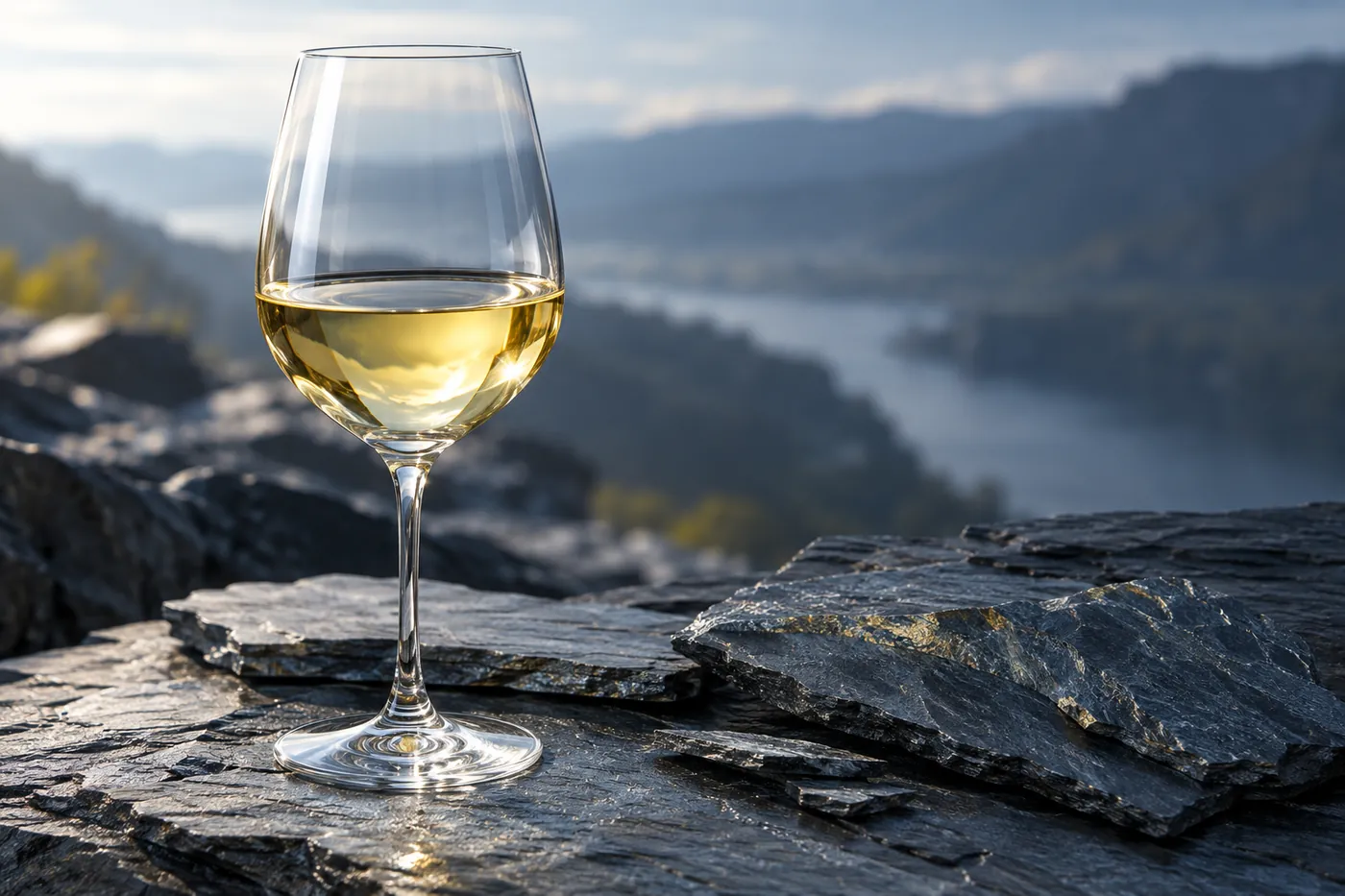 Glas mit hellem Riesling auf dunklem Schiefer