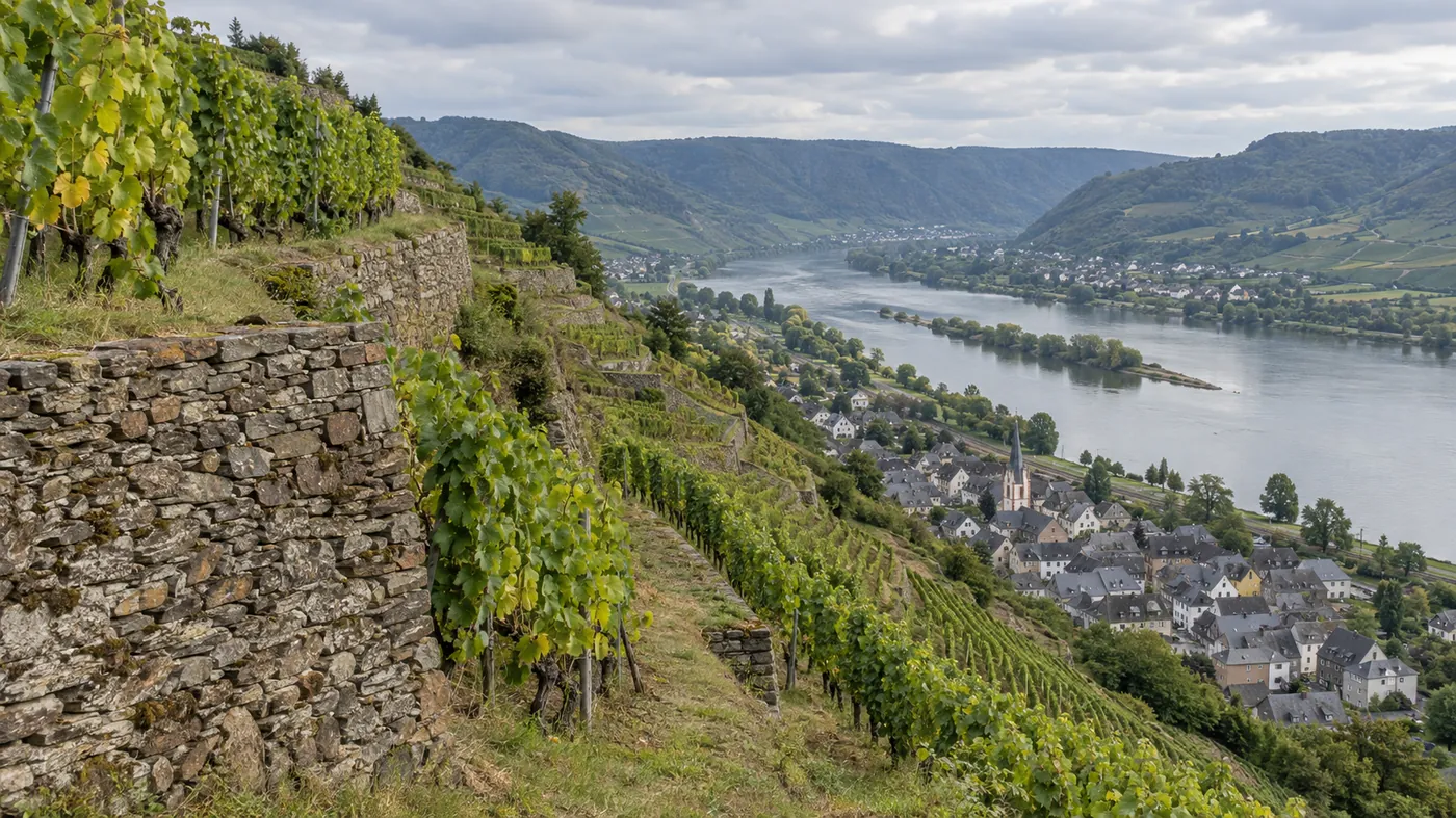Steile Weinbergterrassen mit Trockenmauern über einem Flusstal